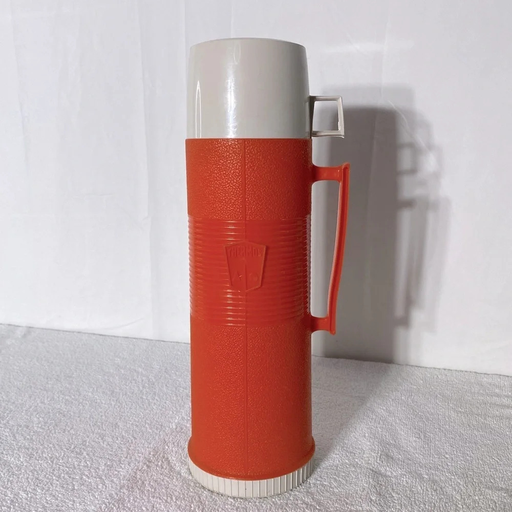 Vintage 1970s  MCM Thermos Brand Orange Plastic Glass Vacuum Insulated Bottle